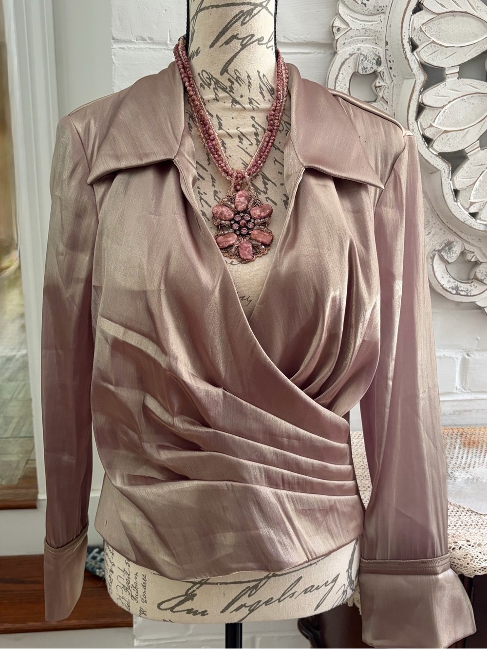 VINTAGE CATCHET SATIN WRAP WAIST SATIN BLOUSE